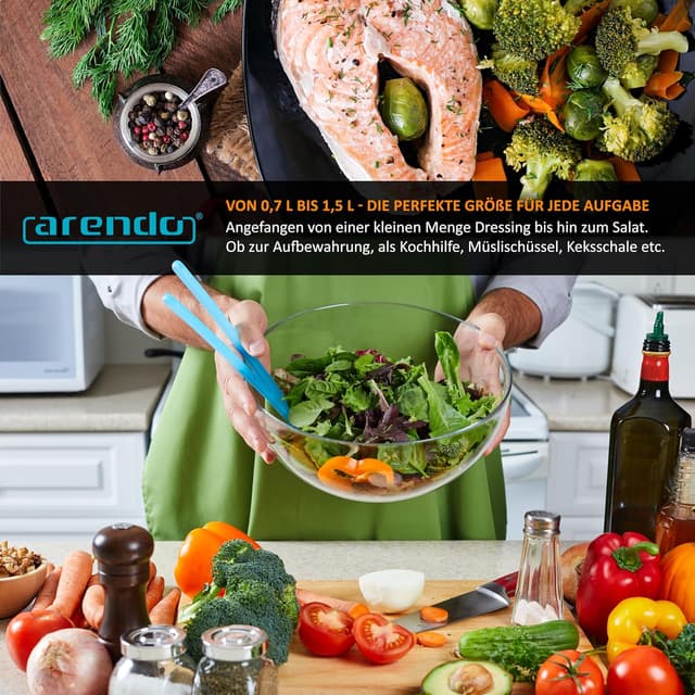 Thumbnail 6 de arendo Salatschüssel-Set aus Borosilikatglas mit Deckel (3-teilig, 700 / 1.100 / 1.500 ml)