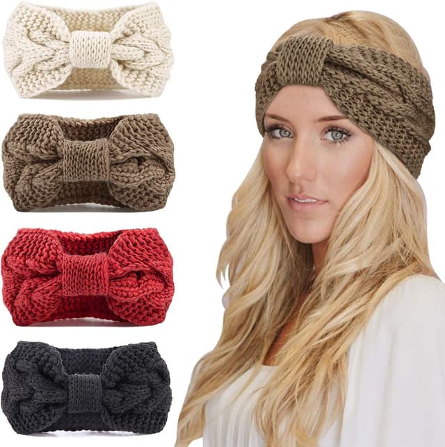 Detalle de DRESHOW Damen Winter Stirnbänder im 4er-Set – Strick, Ohrwärmer-Stil mit Turban-Optik