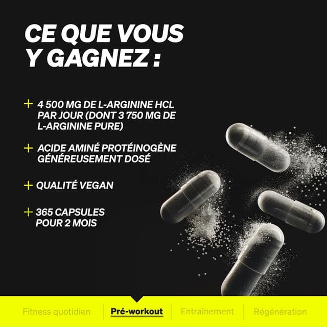 Detalle de L-Arginine 365 gélules véganes – 4 500 mg HCL par dose journalière (3 750 mg L-arginine pure)