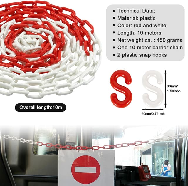 Detalle 2 de Absperrkette Kunststoffkette 10 m x 6 mm, Warnkette in Rot/Weiß mit Zusatzhaken
