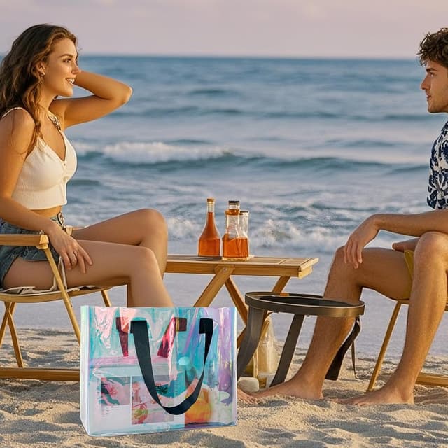 Detalle de TotePrint transparente PVC Strandtasche (45 x 34 x 15 cm) mit blauen Tragegriffen