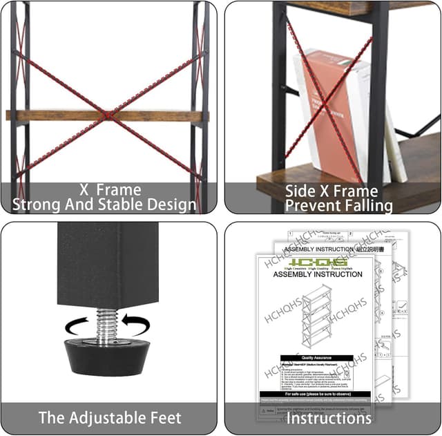 Thumbnail 6 de HCHQHS 5-Tier Industrial Bookshelf with Metal Frame and Rustic Wooden Shelves (Freestanding)