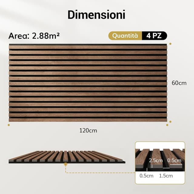 Detalle 2 de TONOR Set di 4 pannelli fonoassorbenti in legno impiallacciato 3D, 120 x 60 cm (Noce)