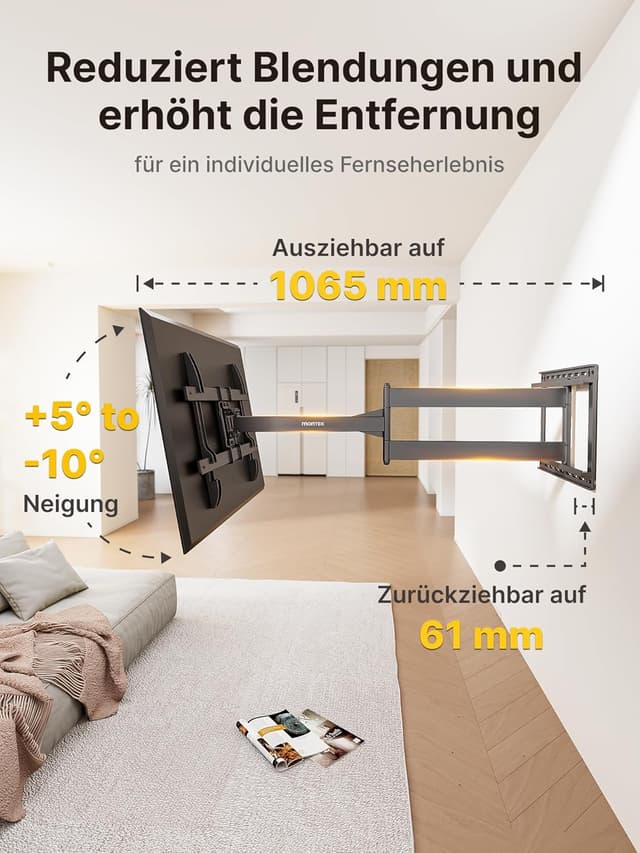 Detalle de monTEK Langarm 1067 mm TV-Wandhalterung für 43–80 Zoll bis 50 kg (ausziehbar, schwenk- und neigbar, max. VESA 600×400)
