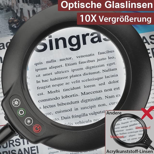 Detalle de Veemagni 10X Echtglas-Lupe mit Licht & Standfuß (24" Schwanenhals), 5 Modi und stufenlos dimmbar