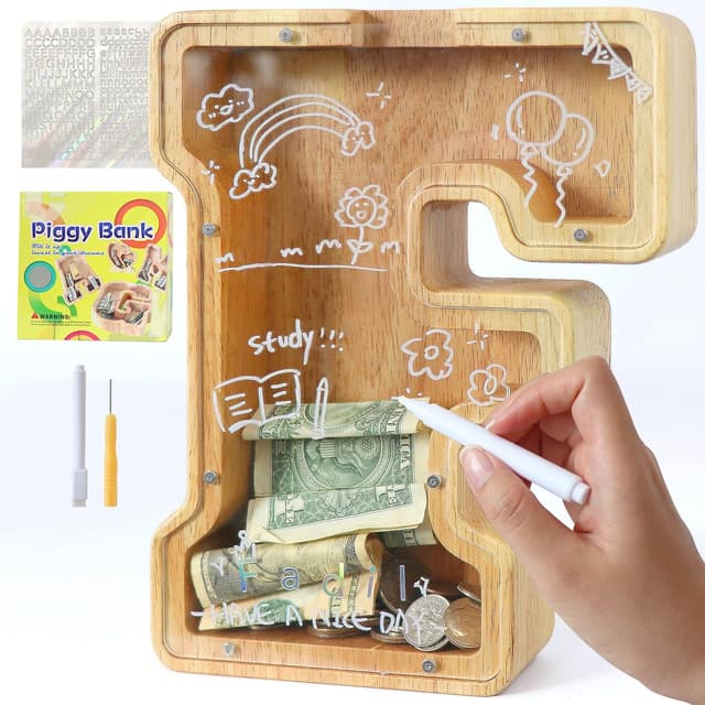 Detalle de Lakpopya personalisierte Spardose aus Holz für Kinder (transparentes Acryl, Zielbereich, A-Z Buchstabe) – Taufgeschenk & Deko