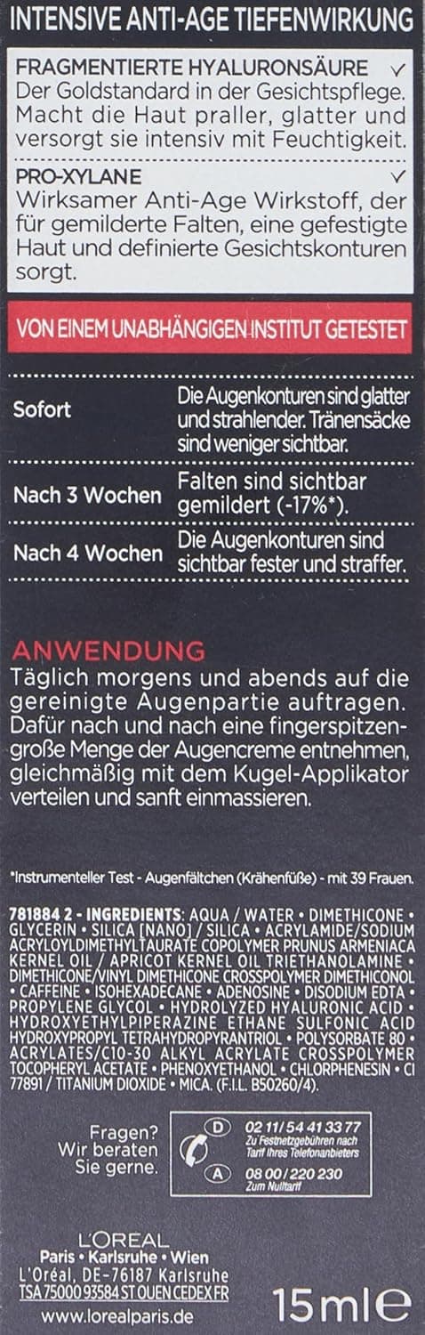 Detalle de L’Oréal Paris Revitalift Laser X3 Augenpflege mit 3-fach Wirkung – Anti-Aging Augencreme (Hyaluronsäure, 3% Pro-Xylan), 15 ml (Packung mit 2)