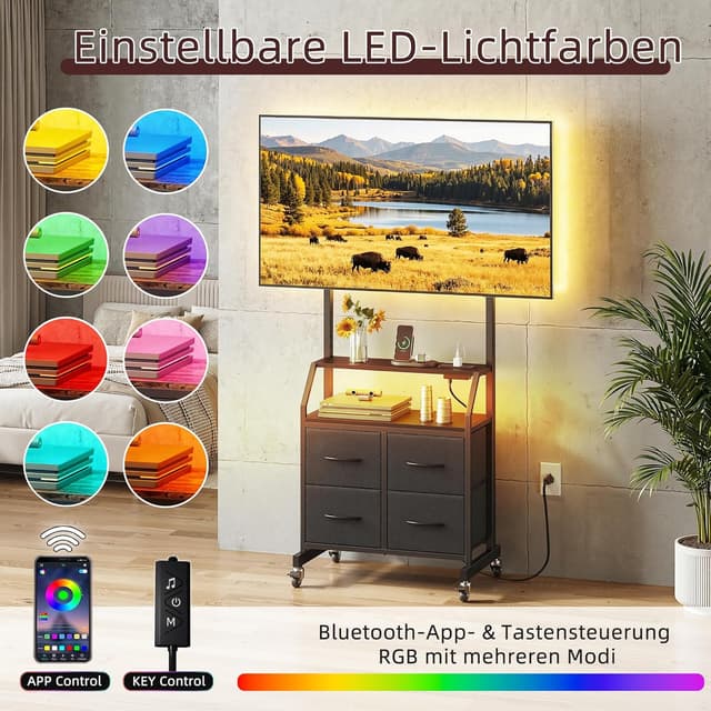 Detalle de OYRREU TV-Ständer mit LED, Rollen, 4 Schubladen und höhenverstellbarer Halterung (bis 75 Zoll, 65 kg) – Schwarz