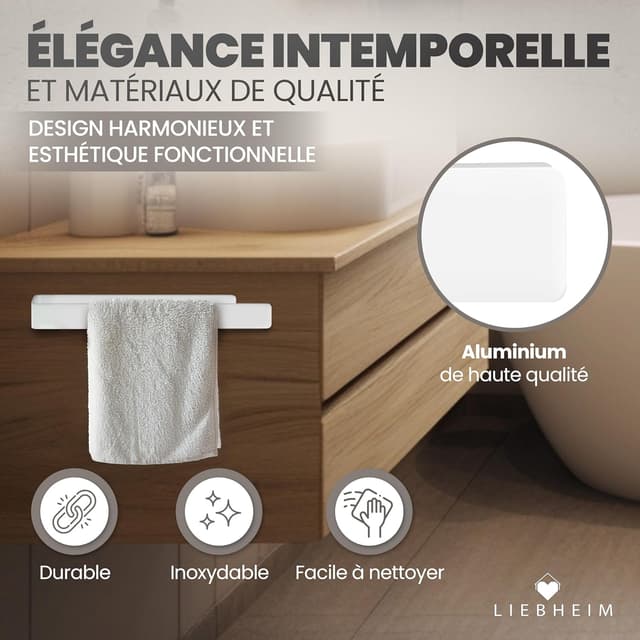 Detalle de LIEBHEIM porte-serviette mural aluminium blanc 40 cm (sans perçage)