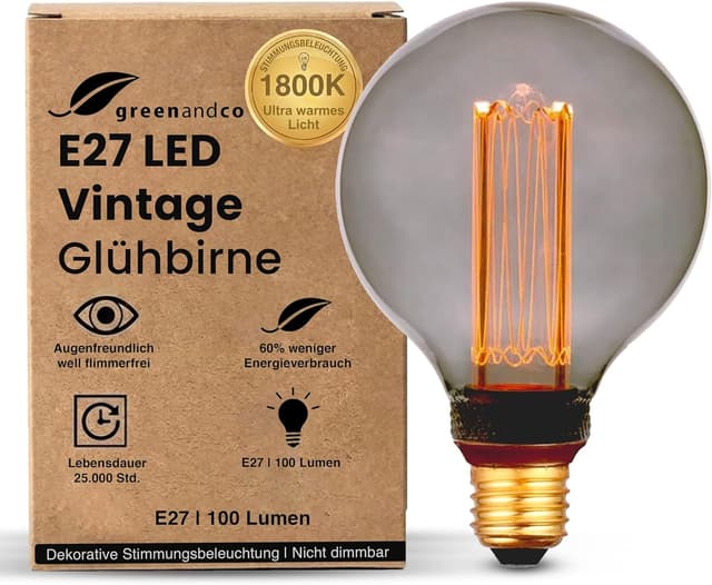 Detalle de greenandco LED Vintage Glühbirne E27 G95 smoke, 4W (100 lm), 1800K – extra warmweiß, flimmerfrei, nicht dimmbar