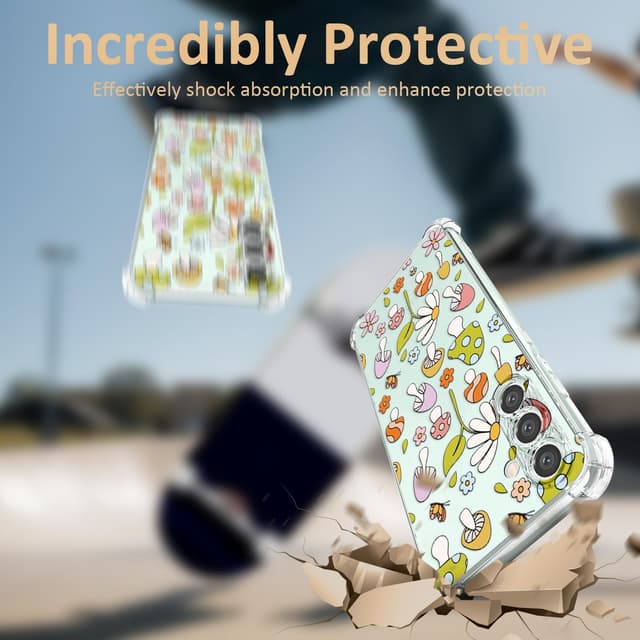 Detalle de CAROKI Clear Case for Samsung S24 FE – shockproof transparent TPU bumper cover with mushroom pattern