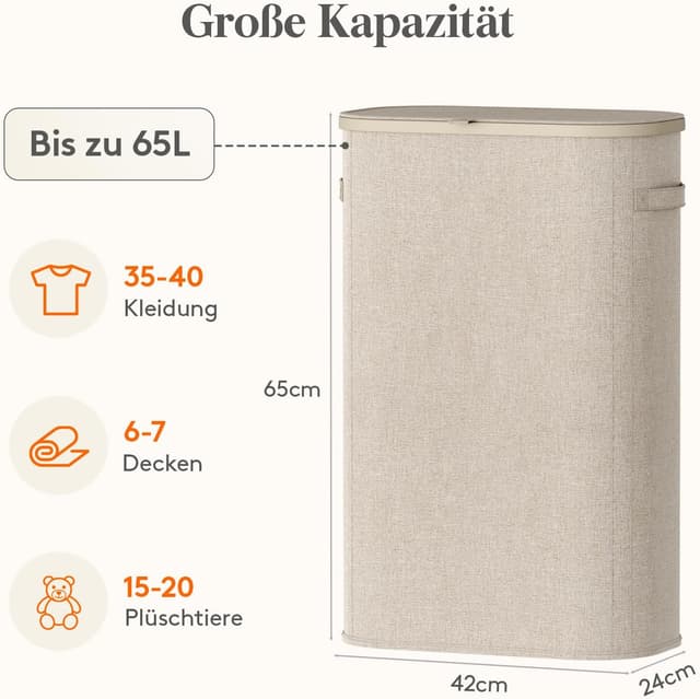Detalle de Lifewit Schmaler Wäschekorb mit Deckel, 65 l – faltbarer Wäschesortierer mit Kunststoffrahmen, beige