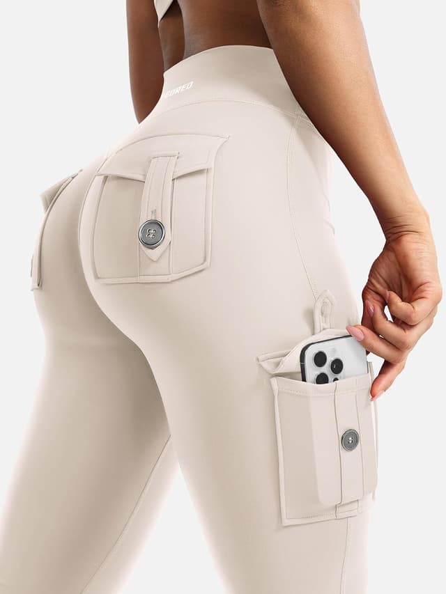 Detalle 2 de YEOREO CoreFlex Damen Flare Leggings mit 4 Taschen, Invisible Scrunch & High Waist – blickdicht für Yoga, Gym und Workout