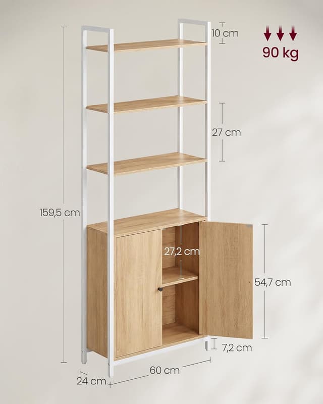 Detalle de VASAGLE LLS133YA01 Libreria verticale a 6 ripiani con anta, struttura in metallo e pannelli Rovere dorato/bianco opaco