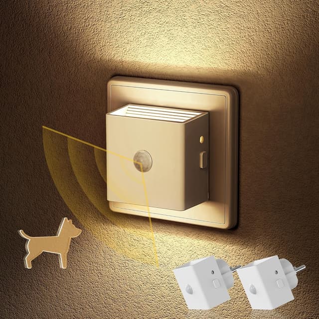 Detalle de Emeritpro Nachtlicht-Steckdose mit Bewegungsmelder & Dämmerungssensor, 3 Helligkeitsstufen, 2er-Set (Warmweiß)