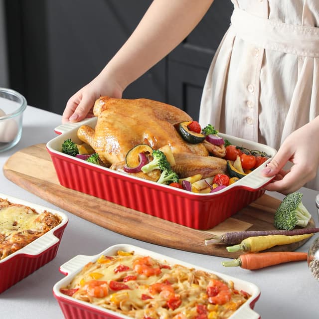 Detalle 2 de MALACASA Bake.Bake 4-teiliges Auflaufform-Set (Rot) – rechteckig, kratzfest, für Lasagne & mehr