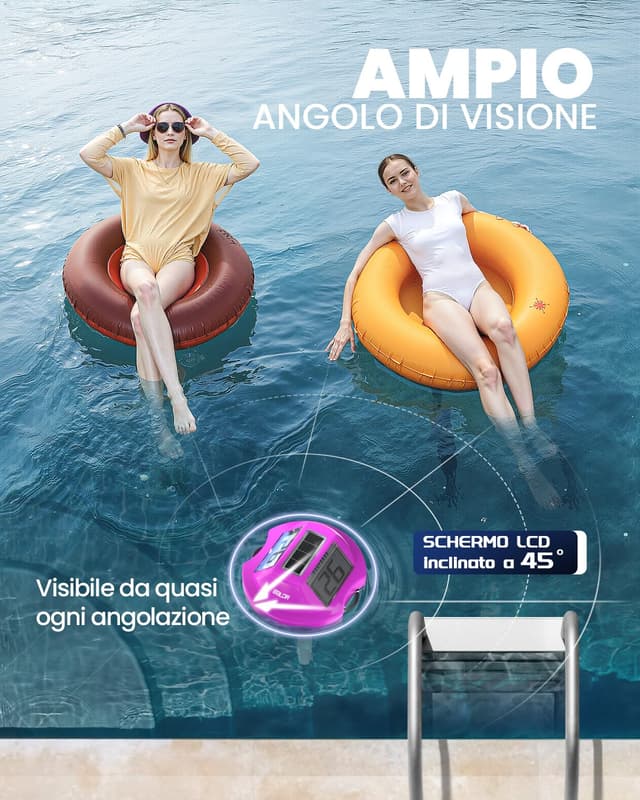 Detalle de Termometro galleggiante BALDR Solare con doppio display anti-riflesso IPX7 per piscine e SPA (viola)