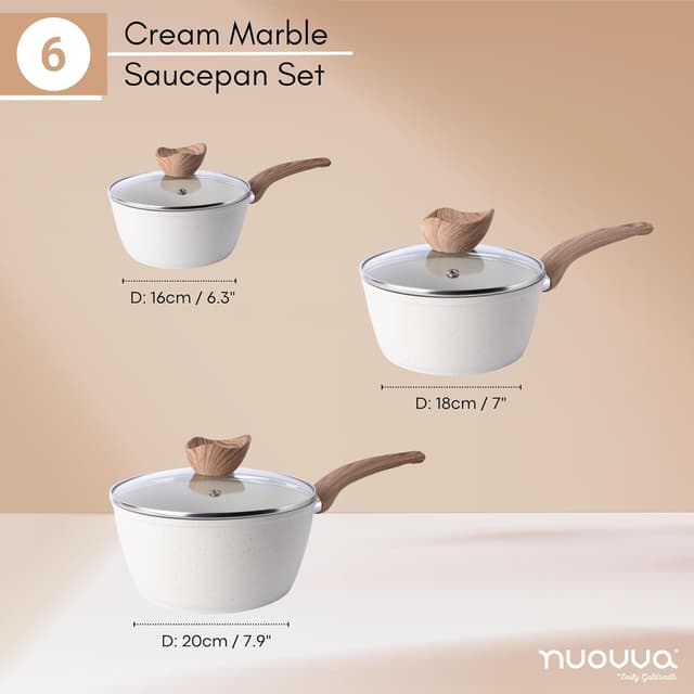 Detalle de Nuovva Cream Granite 3-Piece Non-Stick Saucepan Set (16cm, 18cm, 20cm) with Lid – Induction compatible