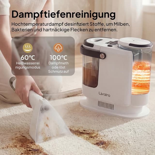 Detalle de Livatro Polsterreiniger/Nasssauger Waschsauger mit Dampf – 15 kPa, 1,6-Liter Wassertank, Selbstreinigung