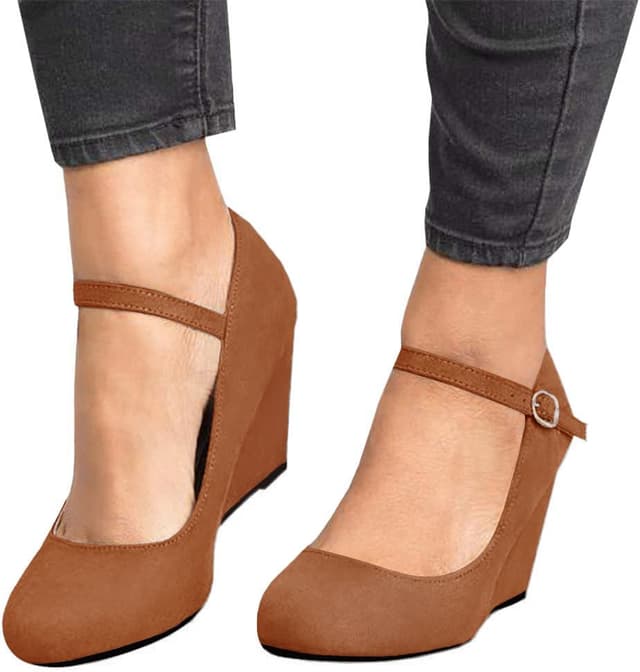 Detalle de Coutgo Women’s Wedge Pumps Mary Jane Heels with Adjustable Ankle Strap (Closed Toe)
