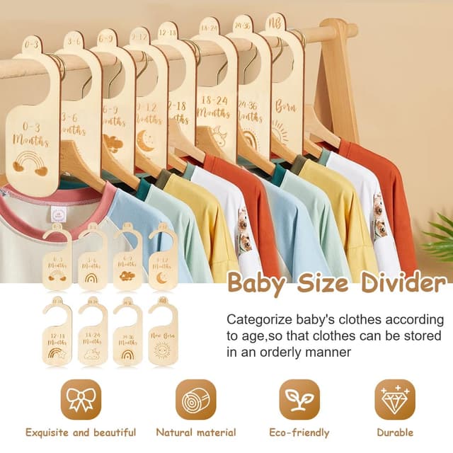 Detalle 2 de HAGOT 8-teiliges Holz-Größentrennerset für Babys (50–104) – Schrankteiler zur Kleidungsklassifizierung