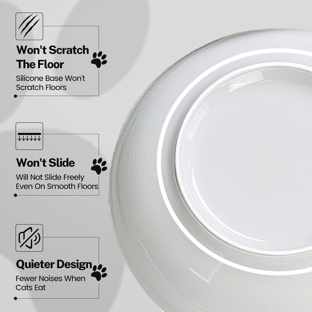 Detalle 2 de Keramik Katzennapf 3er Set, weiß – flacher Futternapf mit rutschfestem Silikonring für Perser & Flachgesichter