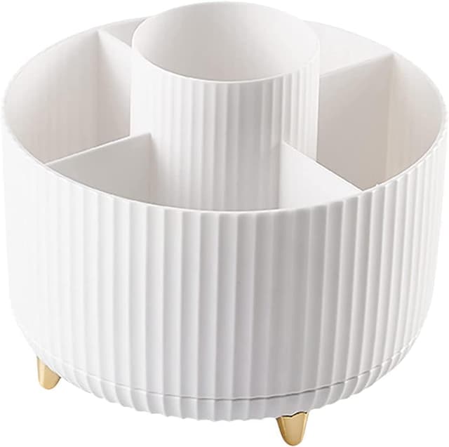 Detalle de Bekeify 360° Rotating Makeup Organiser with 5 Compartments (White ABS) for Brushes, Cosmetics & Small Accessories