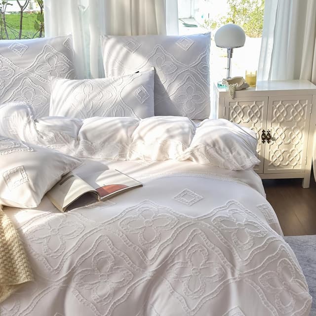 Detalle de Amolavet Boho Bettwäsche Set 135x200 (weiß, getuftet) aus Mikrofaser – 2-teilig mit Reißverschluss