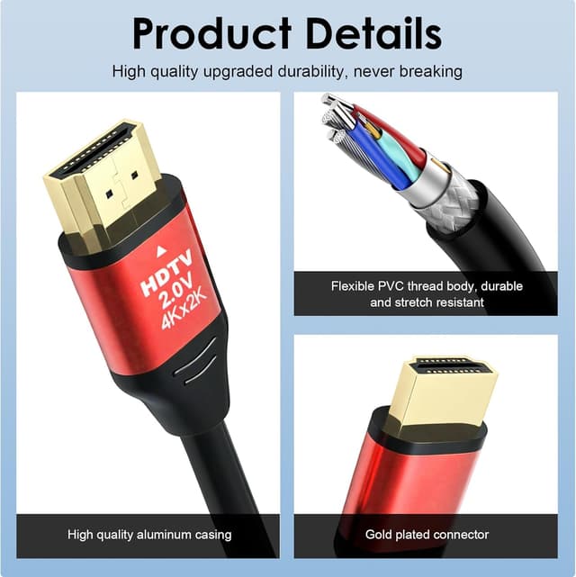 Detalle de 4K HDMI to HDMI Cable 1.5M (HDMI 2.0, 4K 60Hz, 18Gbps) – Ethernet Ready, High Speed Cord