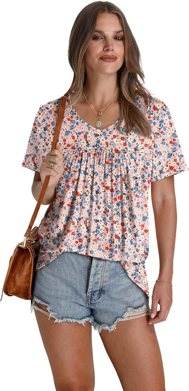 Detalle de WEESO Women’s Short Sleeve V-Neck Pleated T-Shirt Dressy Casual Top