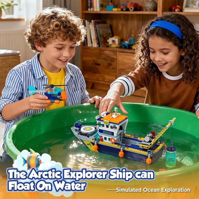 Detalle 2 de JAEUZKJYDA City Floatable Boat Building Set with LED Light (Arctic Ocean Explorer) + Crane, Submarine, Helicopter