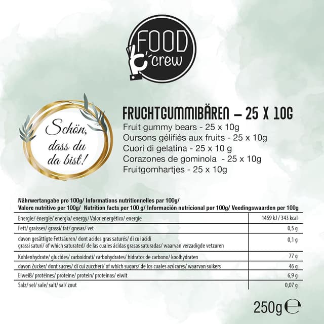 Detalle 2 de FOOD crew Fruchtgummibären „Schön, dass du da bist“ im Tütchen-Set (25 x 10 g) – Mitgebsel für Hochzeit, Taufe & Co.