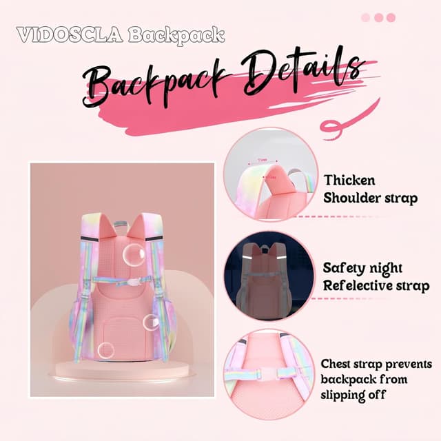 Detalle 2 de VIDOSCLA Cute colourful casual daypack for girls (gradient purple) – lightweight primary school backpack