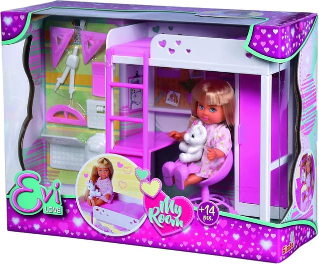 Detalle 2 de Simba Evi Love chambre mini avec lit mezzanine et bureau, poupée 12 cm
