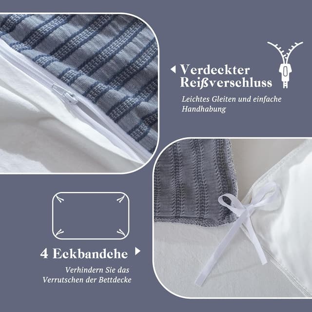 Detalle 2 de SOULFUL Bettwäsche-Set 155x220 aus Baumwolle gestreift (Jacquard), 1x 155x220 + 1x 80x80, marineblau