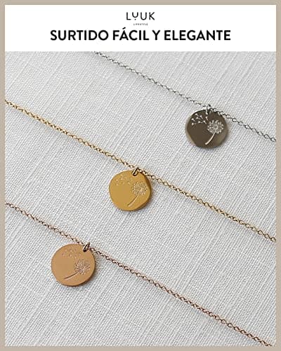 Detalle 2 de LUUK LIFESTYLE collar de acero inoxidable con colgante diente de león, chapita flor y tarjeta HAPPINESS (50 cm)