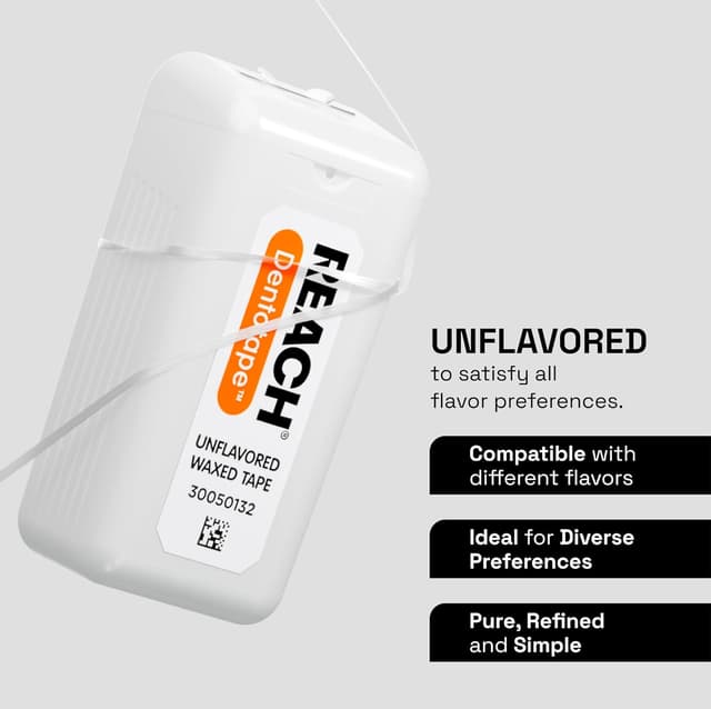 Detalle de REACH Dentotape Waxed Dental Floss Tape (Extra Wide, Unflavored) — Plaque remover for wide-spaced teeth, 6-pack (100 yd each)