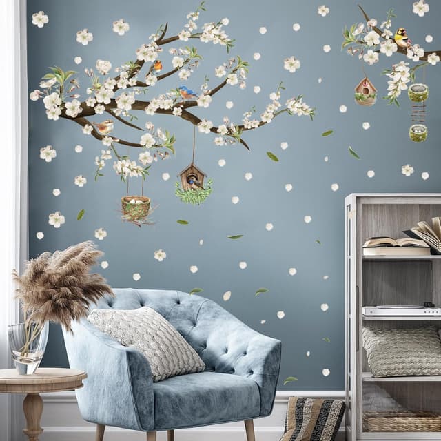 Detalle de HPNIUB Flower Tree Branch Birds Wall Stickers (White floral wall art) 84 x 30cm