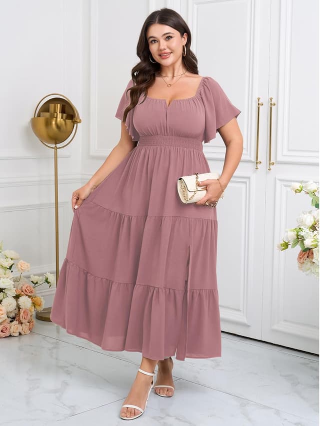 Thumbnail 6 de SCOMCHIC Women’s Plus Size Maxi Dress with Square Neck & Smocked Side Split