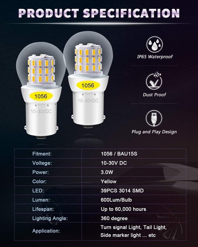 Detalle de Defvnsy PY21W 1056 BAU15S LED Bulb (Amber/Yellow) – 10–30V DC, 3W, Non-polarity (2 Pieces)