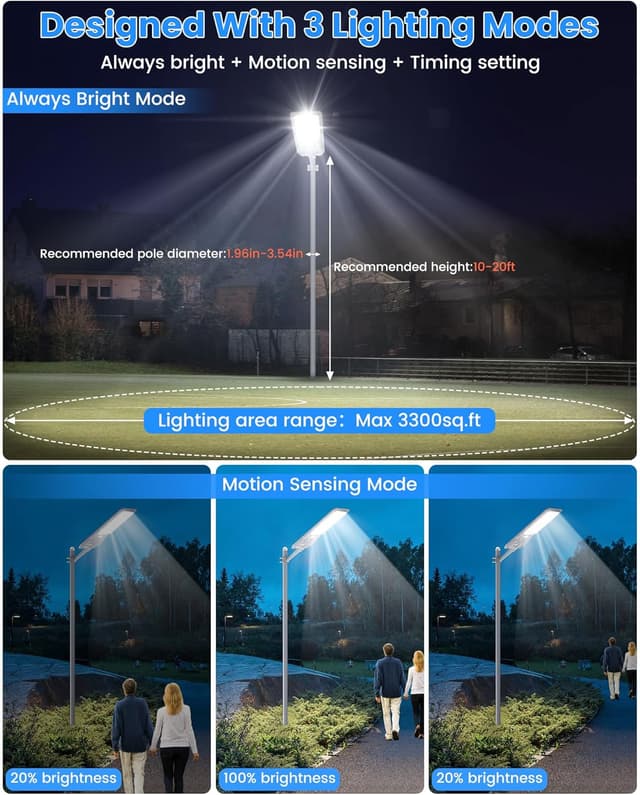 Detalle de Gefolly SL-9000W lampione solare LED da esterno IP67 con telecomando e sensore di movimento