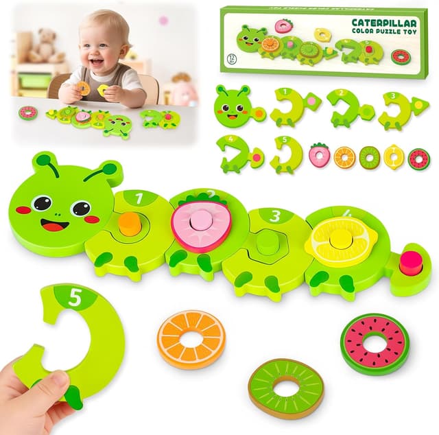 Detalle de Caterpillar Montessori wooden puzzle toy for 1–2 year olds (caterpillar colour sorting & shape matching)