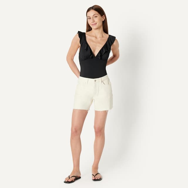 Detalle de Amazon Essentials Damen Einteiliger Badeanzug mit Rüschen und V-Ausschnitt – Slim Fit mit Büstenheber