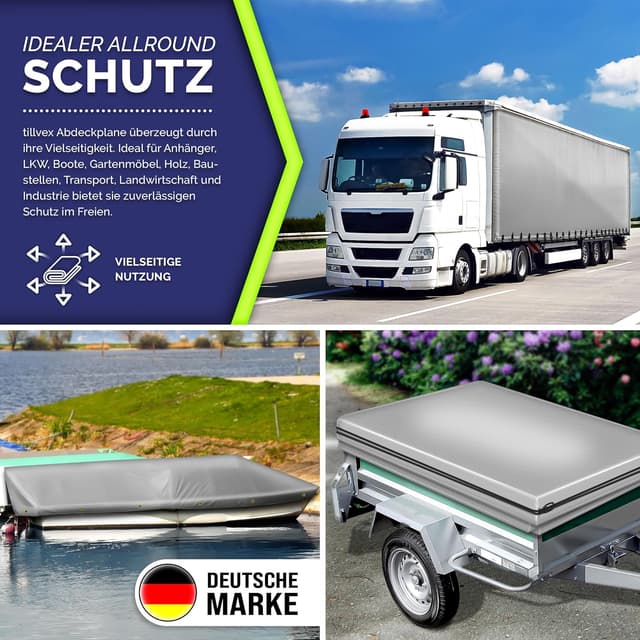 Detalle 2 de tillvex® Abdeckplane mit Ösen + 10x Spanngummi & 15 m Abspannseil, Grau (4x8 m) – wasserdicht & reißfest