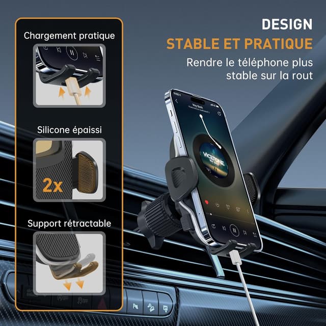 Detalle de YISH Porte téléphone voiture avec rotation 360° et fixation sur aérations (iPhone, Samsung, Google, etc.) – Noir