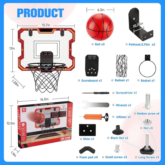 Detalle 2 de Indoor Basketball Hoop for Kids (Ages 4–12) — Over-the-Door Mini Hoop With Electronic Scoring, Countdown & Music