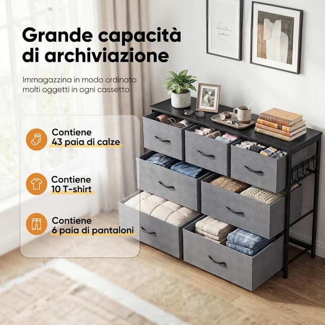Detalle 2 de HOKEEPER Cassettiera 7 cassetti in tessuto grigio, mobile basso salvaspazio