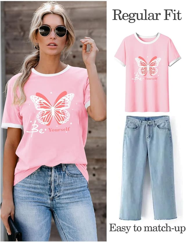 Detalle 2 de WIEIYM women’s butterfly slogan T-shirt (Be Yourself) – soft cotton blend graphic tee