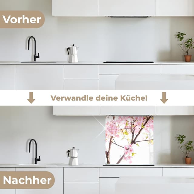 Detalle de KitchenYeah© Spritzschutz Küche 80x80 cm – selbstklebende Küchenrückwand mit Glasoptik-Design (Kirschblüte, rosa)