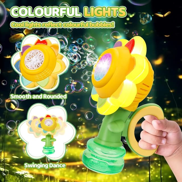 Detalle 2 de Jovicos Seifenblasenmaschine für Kinder – wiederaufladende tanzende Sonnenblume mit LED-Licht
